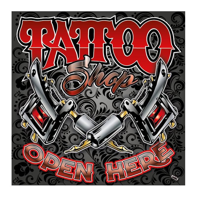 ENSEIGNE : 50X50CM TATTOO SHOP : 2 DERMO FAT ORNEMENT GRIS/ROUGE