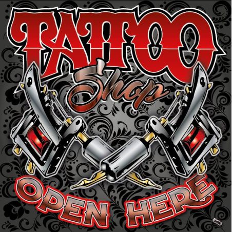 ENSEIGNE : 50X50CM TATTOO SHOP : 2 DERMO FAT ORNEMENT GRIS/ROUGE