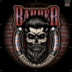 ENSEIGNE LUMINEUSE : 50X50 CM BARBER SHOP SKULL